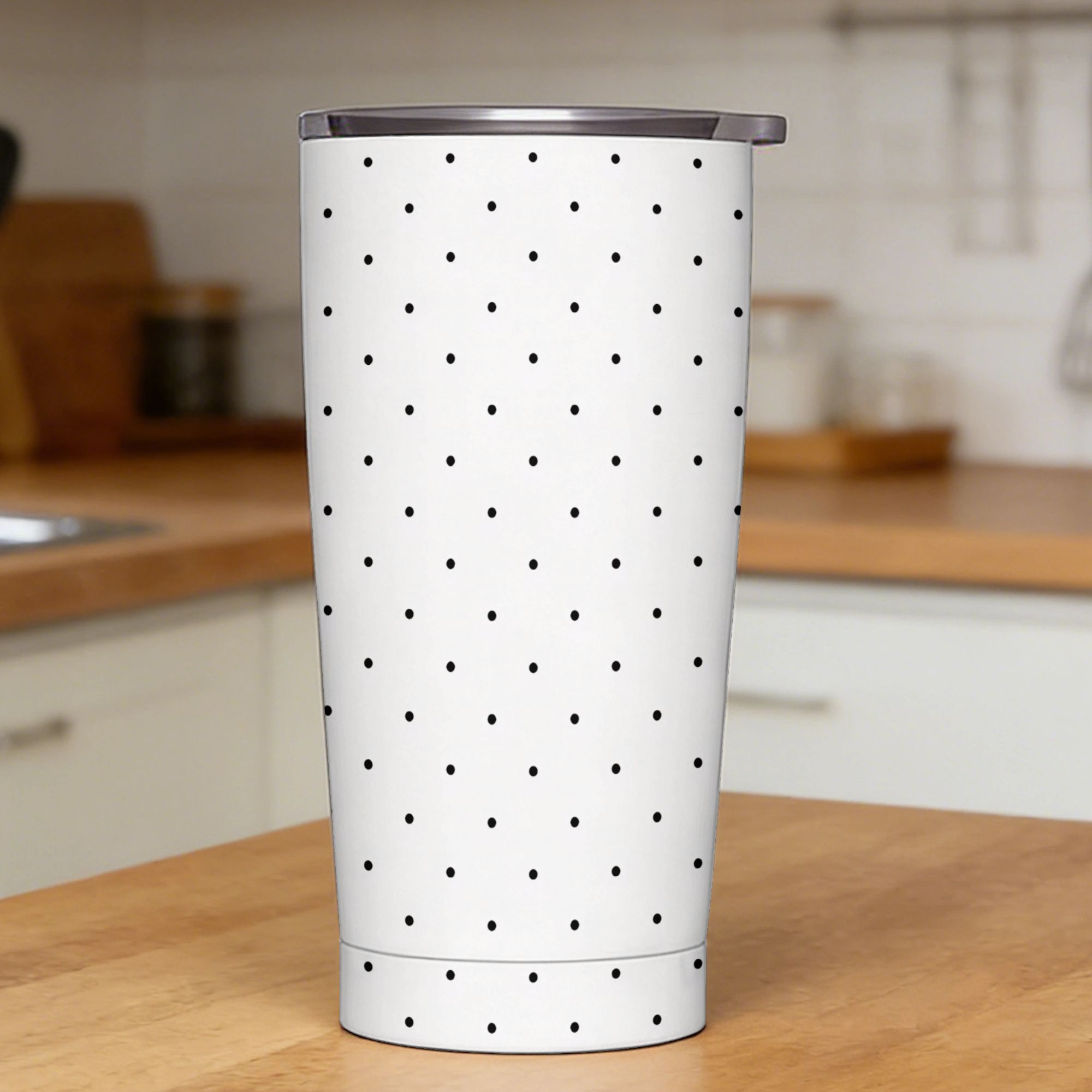Tumbler 20Oz White - Siyah & Beyaz Puantiyeli Desenli Paslanmaz