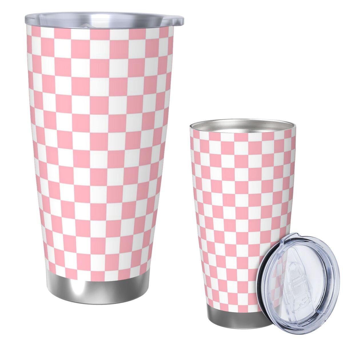 Tumbler 20Oz White - Pembe Beyaz Dama Tahtası Desen Paslanmaz
